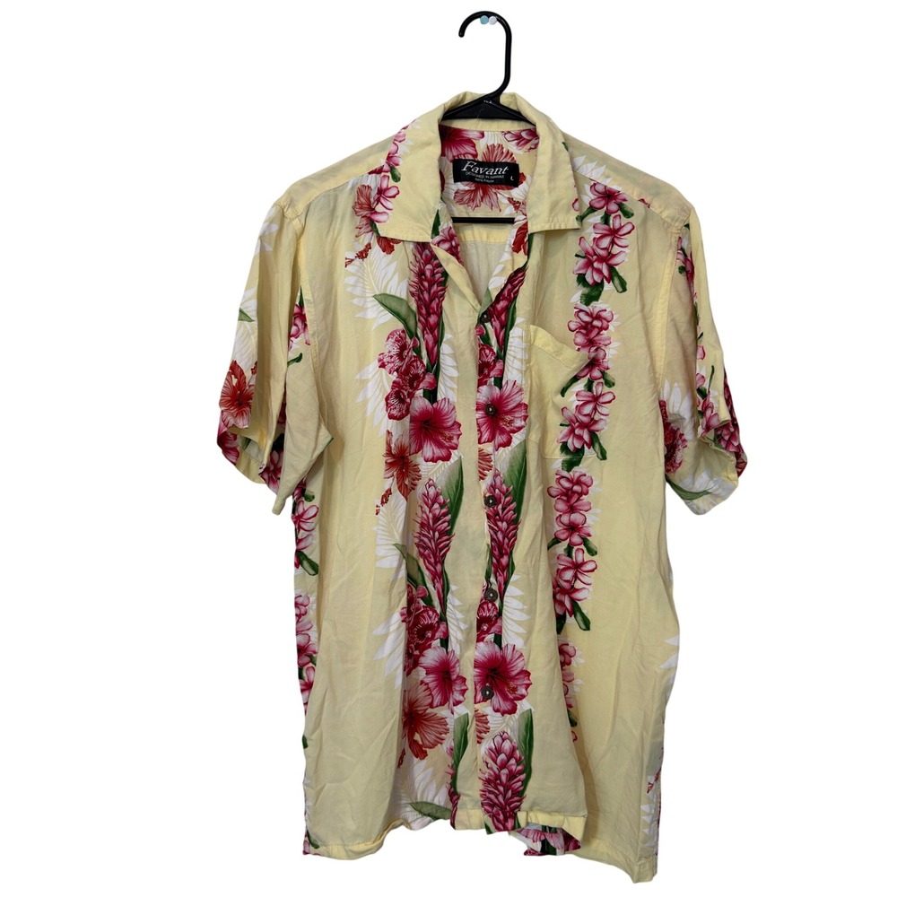 Favant Hawaiian Shirt Mens Large Yellow Pink‎ Floral Lei Rayon Aloha Excellent